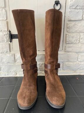 Brown Suede Knee-High Biker Western Boots